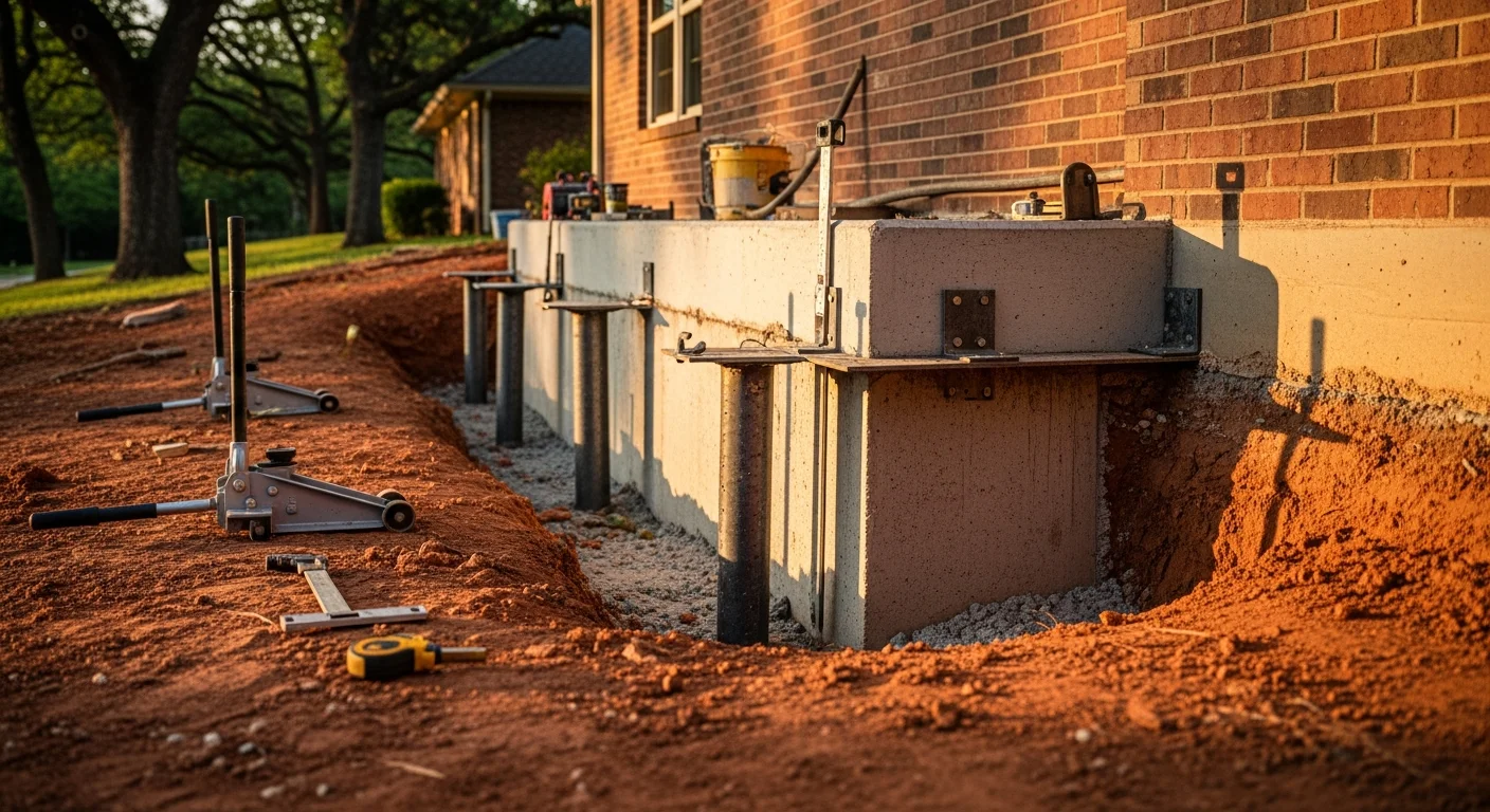 Foundation repair crew working on residential foundation stabilization
