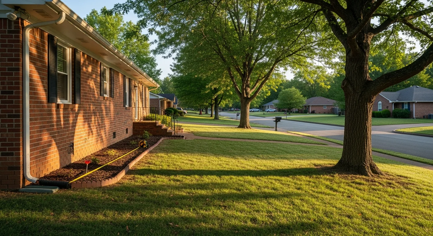 Wide view of Fayetteville residential street with mature trees and well-maintained lawns in morning light.