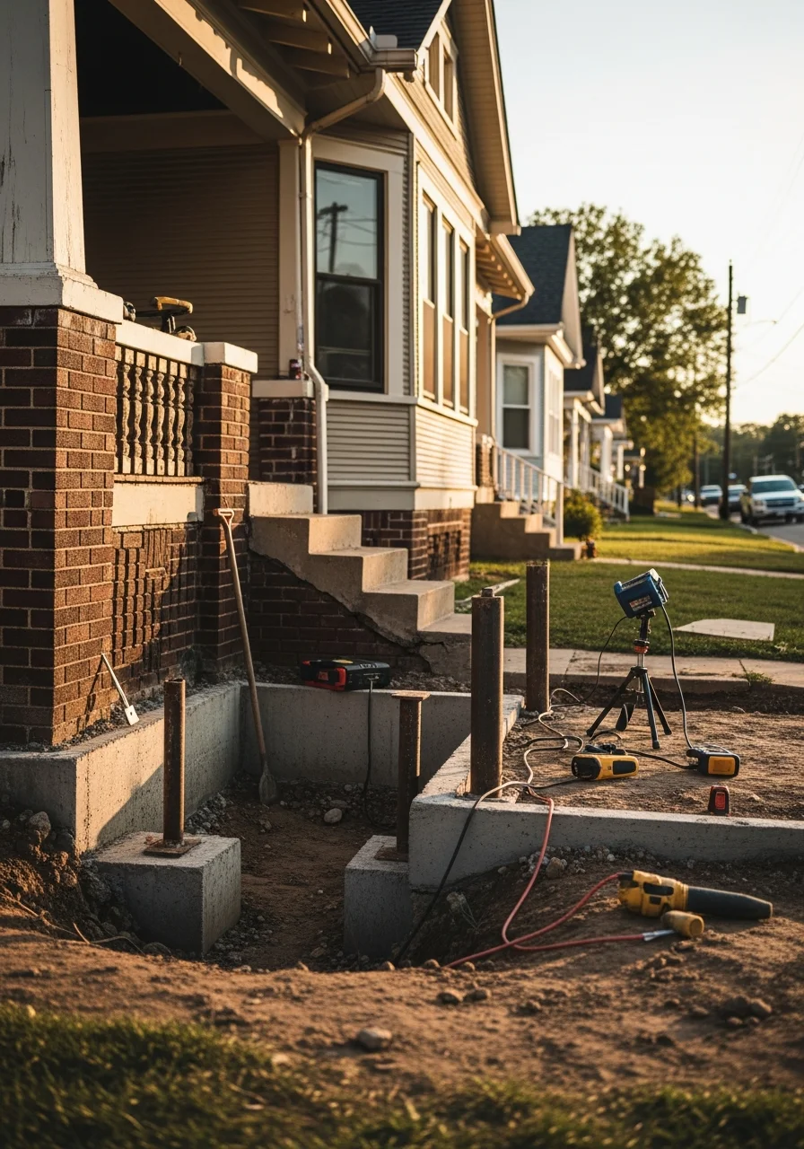 Service professional in work gear standing in front of a Fort Smith home with visible property improvements.