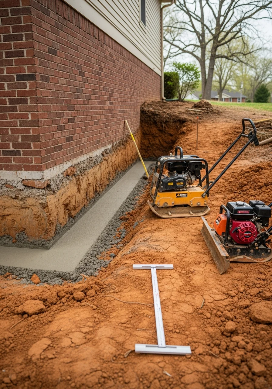 Service team member in work attire standing in a Jonesboro yard with university or commercial area visible.