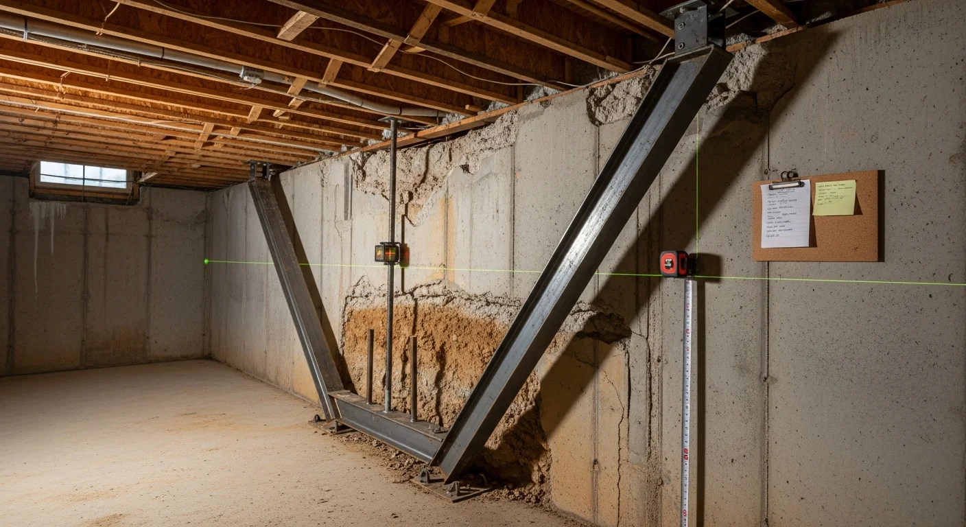 A Fayetteville, Arkansas basement wall showing inward bowing and horizontal cracking along a concrete block foundation. A steel wall anchor system is installed against the repaired wall, securing it back toward its original position.