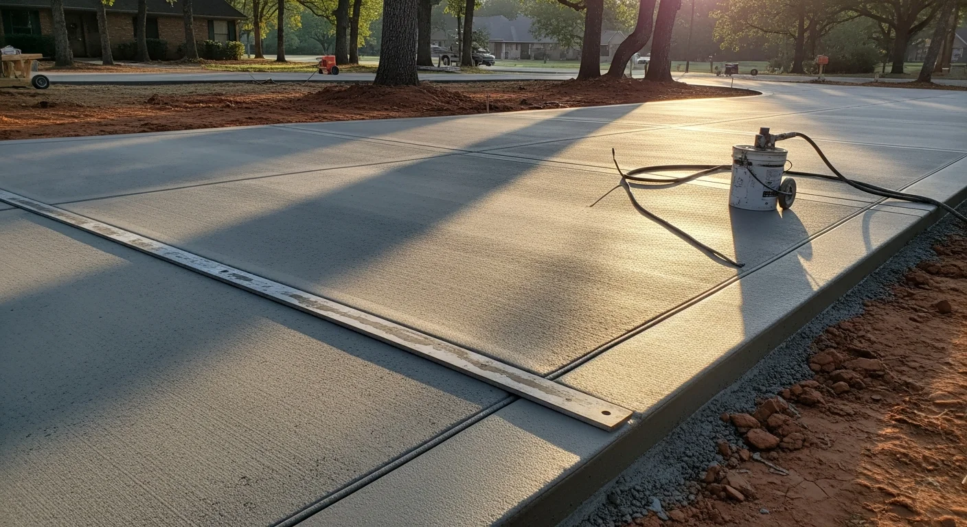 A freshly broom-finished concrete driveway at a residential property in Fayetteville, Arkansas, showing clean edges and a uniform slip-resistant texture. The surface is ready for use with no visible cracks or rough spots.