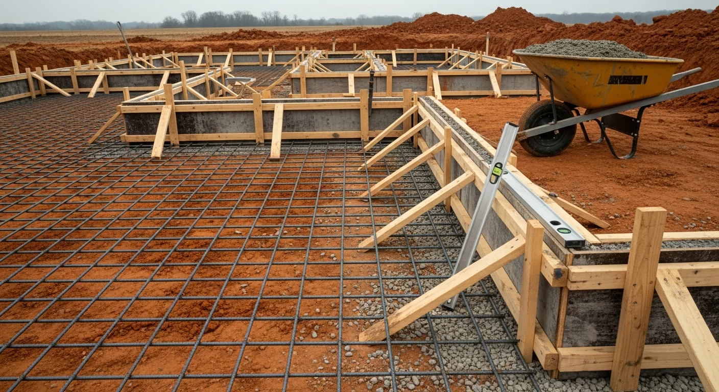 Freshly poured and steel-reinforced concrete foundation slab at a residential construction site in Fayetteville, Arkansas. Forms are set on a graded lot with visible rebar grid before the concrete cures.