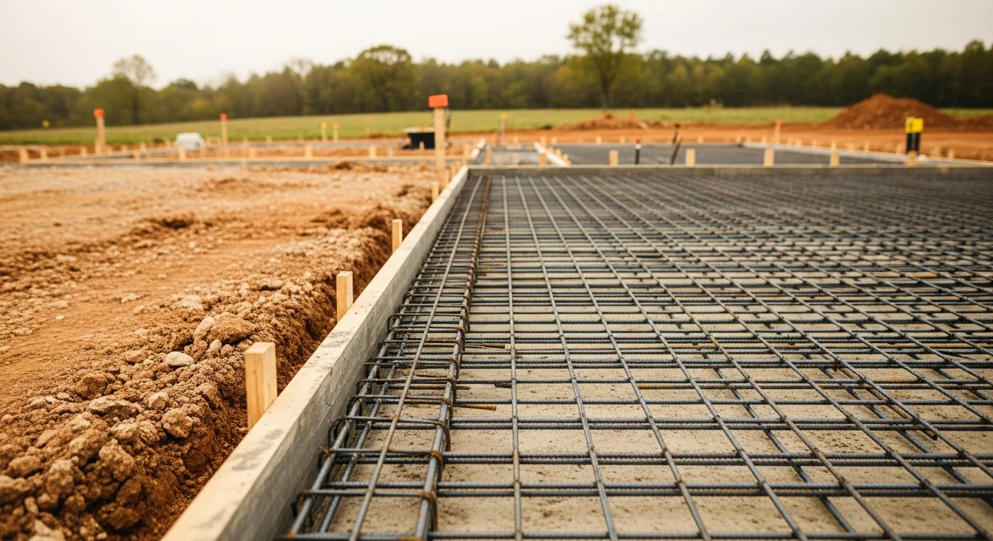 A freshly poured and finished reinforced concrete house slab at a residential construction site in Fayetteville, Arkansas, with steel rebar visible at the perimeter footings and surrounding red clay soil graded away from the slab edge.