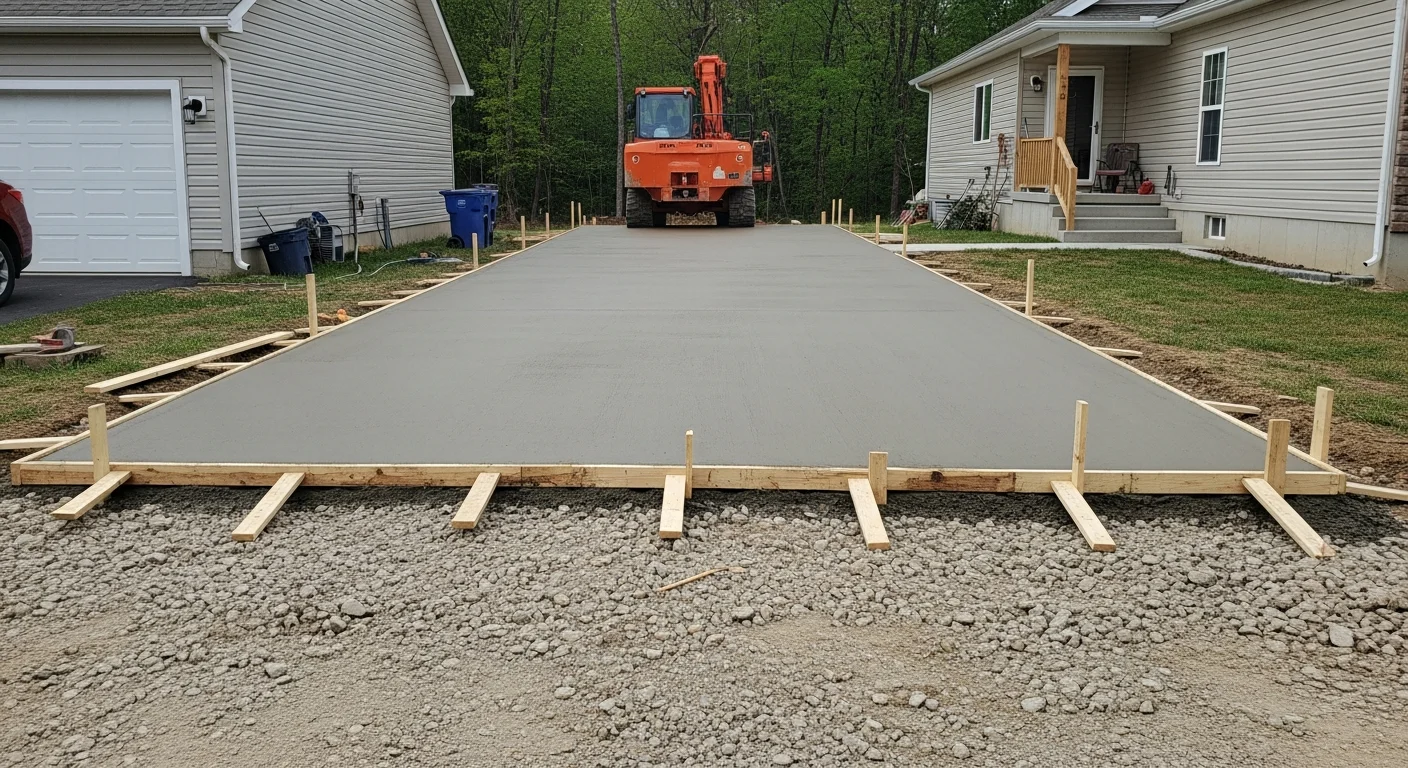 A previously sunken concrete driveway slab restored to a level surface at a residential property in Fayetteville, Arkansas. The raised slab sits flush with the adjoining concrete sections, with no visible height difference or gap at the joints.