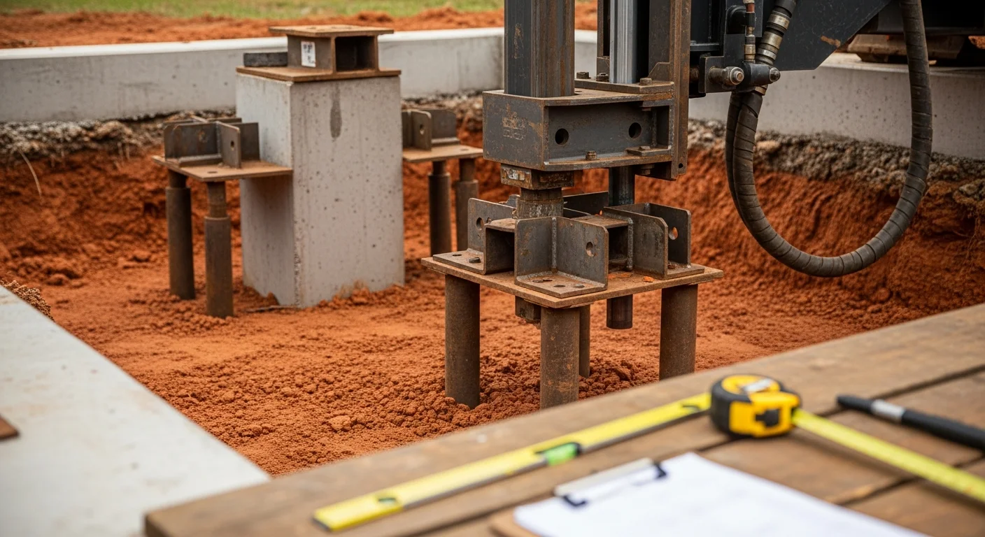 A Precision Foundation Specialist Inc crew member inspecting a residential foundation footing in Fayetteville, Arkansas, with stabilization piers positioned along the base of a concrete foundation wall. Close-up view shows the pier bracket seated against the footing, ready to transfer structural load to stable soil below.