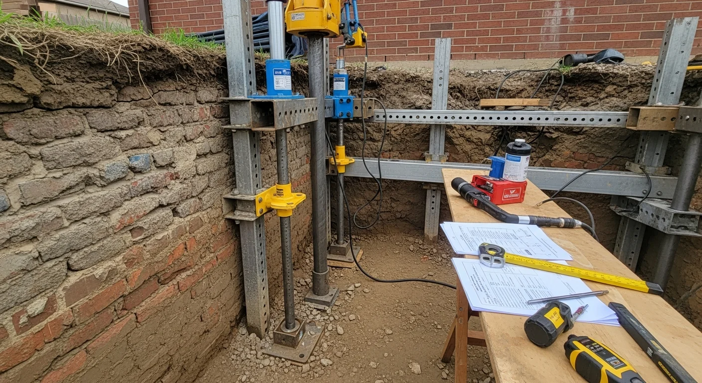 A structural engineer inspects exposed foundation piers beneath a residential home in Fayetteville, Arkansas, with visible steel pier sections driven into the soil below the footing. The surrounding clay soil shows signs of cracking and settlement typical of Northwest Arkansas properties.