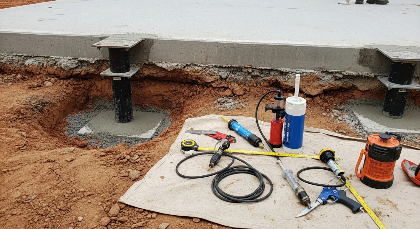 A Precision Foundation Specialist Inc technician inspecting a cracked concrete foundation wall on a residential home in Fayetteville, Arkansas. Visible horizontal cracks in the foundation block indicate soil pressure from the surrounding clay-rich ground.