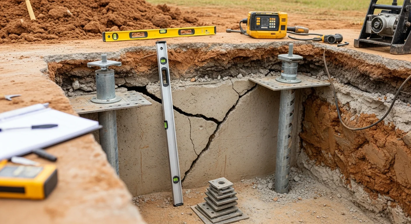A Precision Foundation Specialist Inc technician inspecting a settled foundation on a residential home in Fayetteville, Arkansas, with visible wall cracks and uneven floor line shown in the background. Close-up view of pier installation work stabilizing the foundation against clay-soil movement common in the Washington County area.