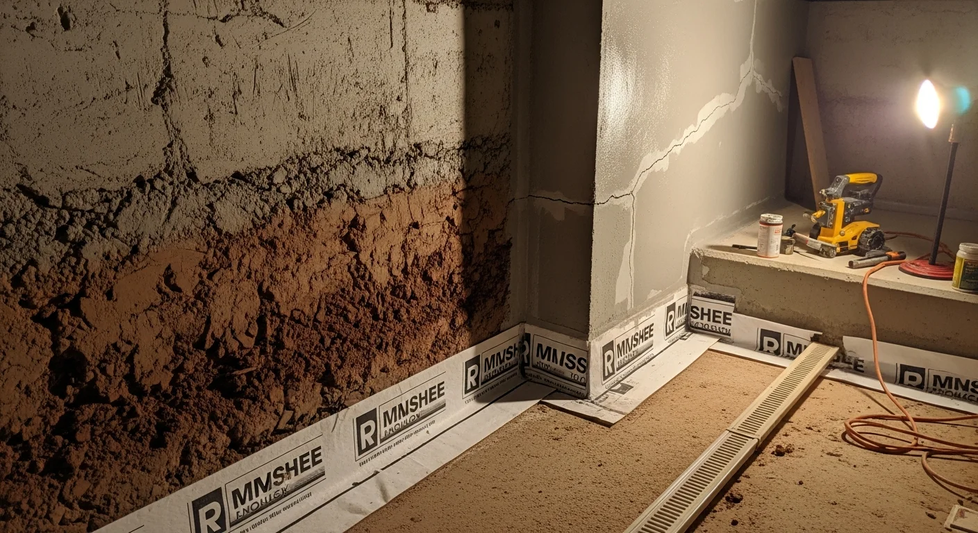 A waterproofed basement foundation wall in a Fayetteville, Arkansas home showing a sealed concrete surface and interior drainage channel along the base. The finished wall is dry and free of water staining, with visible membrane coating applied to protect against moisture from surrounding clay soil.