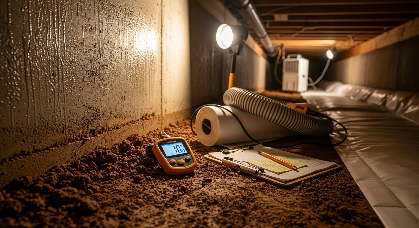A dry, treated crawl space beneath a Fayetteville, Arkansas home with vapor barrier installed across the ground and foundation walls. The space shows no visible moisture, standing water, or condensation on wood framing.