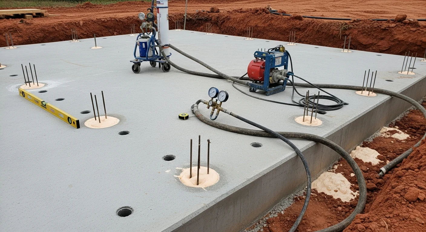 A technician injecting polyurethane foam through small holes drilled into a settled concrete slab at a residential property in Fayetteville, Arkansas. The surrounding driveway surface remains intact with no excavation or removed material visible.