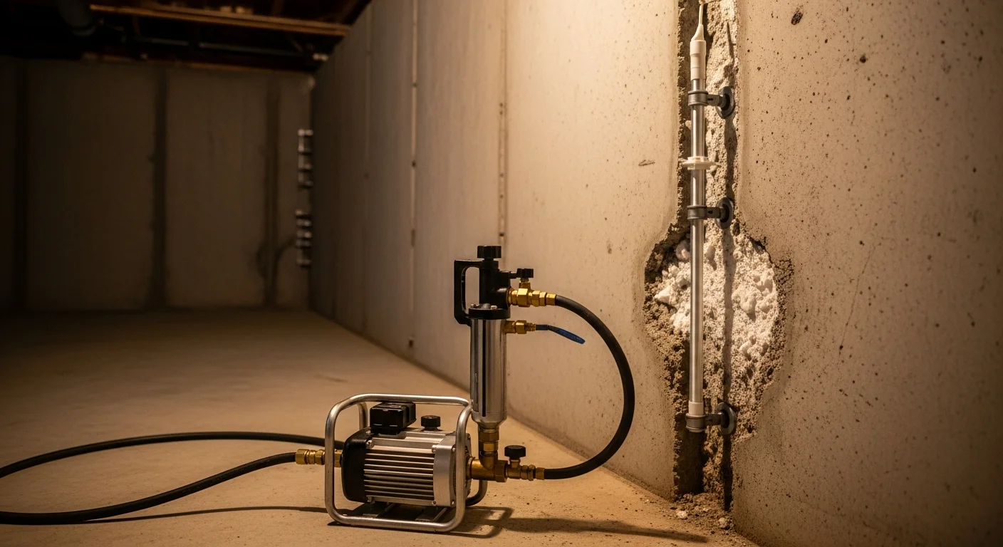 A Precision Foundation Specialist Inc technician installing polyurethane foam injection ports along a vertical crack in a poured concrete foundation wall inside a Fayetteville, Arkansas home. The sealed crack shows cured foam material filling the full depth of the wall.
