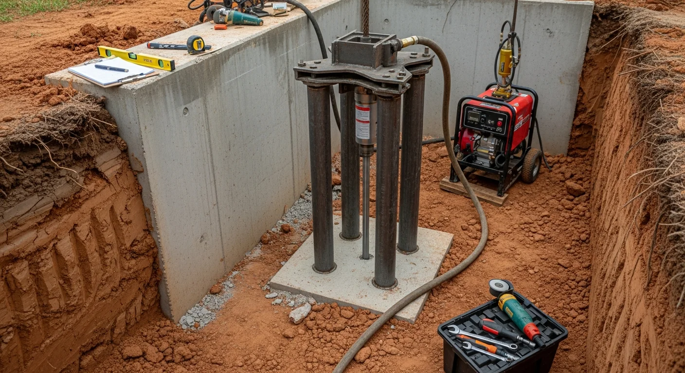 A steel push pier bracket secured to a concrete foundation footing during stabilization work on a residential home in Fayetteville, Arkansas. Excavated soil surrounds the footing as a hydraulic system drives pier sections into stable ground below the clay layer.