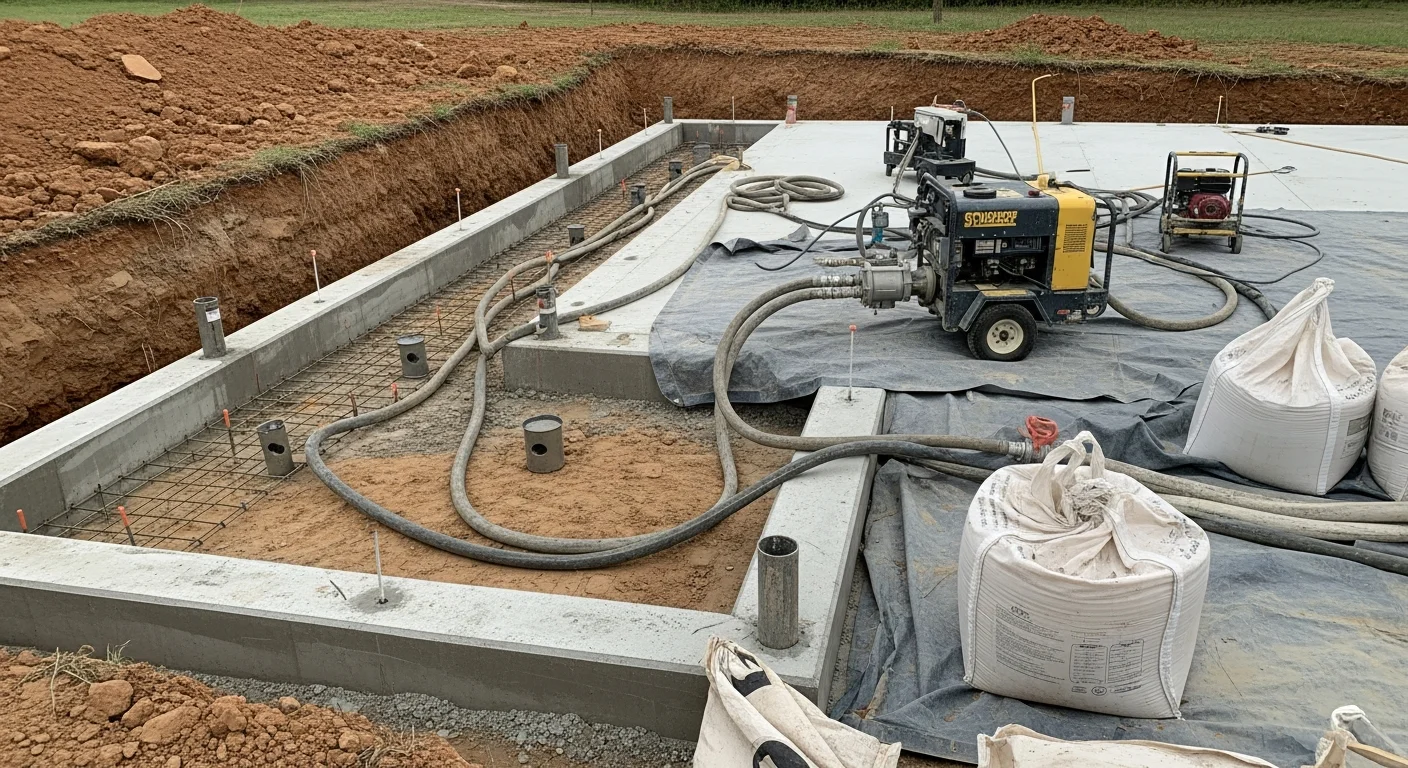 A Precision Foundation Specialist Inc crew member injecting stabilizing grout beneath a concrete slab foundation at a residential property in Fayetteville, Arkansas. The surrounding soil shows visible cracking consistent with seasonal clay expansion and contraction common to the Boston Mountain Plateau region.