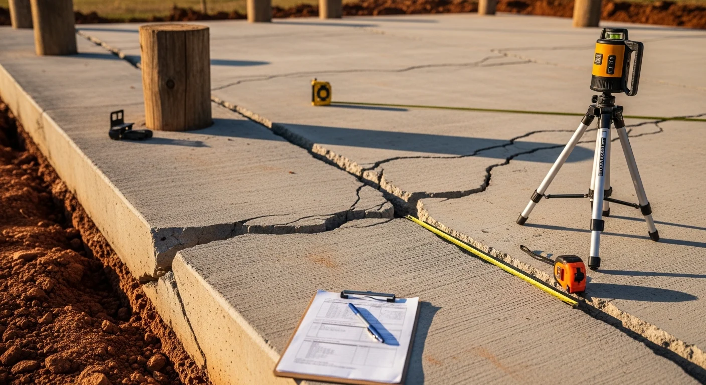 A Precision Foundation Specialist Inc crew member inspecting a pier and beam crawl space beneath a Fayetteville, Arkansas home, with visible foundation piers and clay soil exposed. Close-up view showing stabilized concrete footing after structural restoration work is complete.