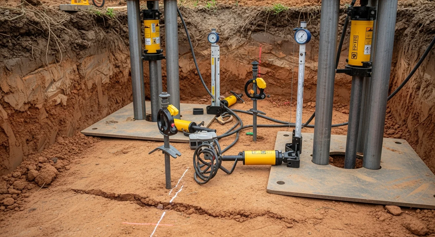 A residential foundation in Fayetteville, Arkansas showing installed underpinning supports along a concrete footing where soil settlement had caused visible cracking. The repair work exposes the footing depth and the pier system used to transfer structural load to stable ground below the clay soil layer.