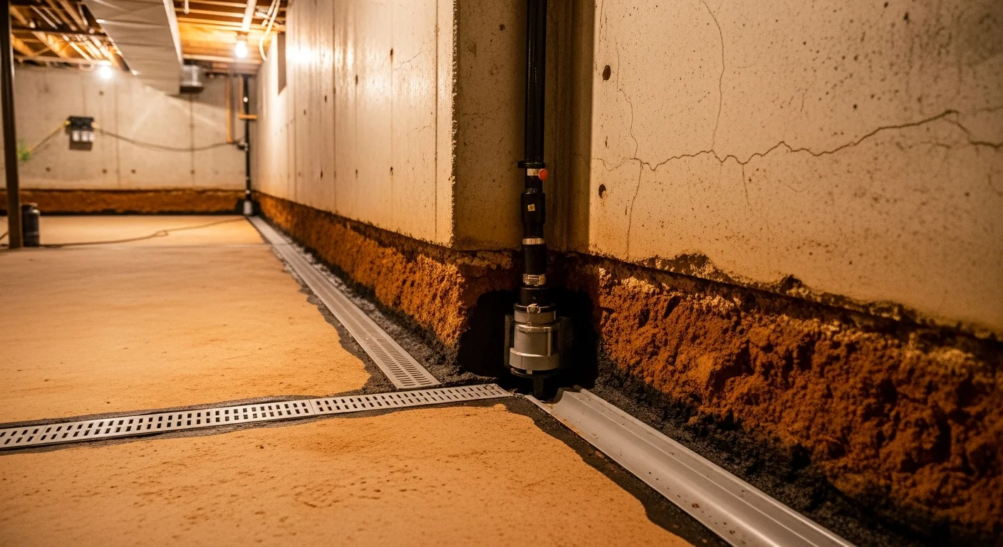 A dry, sealed concrete foundation wall inside a Fayetteville, Arkansas home after water intrusion prevention work, showing no visible moisture, staining, or seepage. The below-grade wall surface is clean and intact, with a finished drainage channel running along the base of the wall.